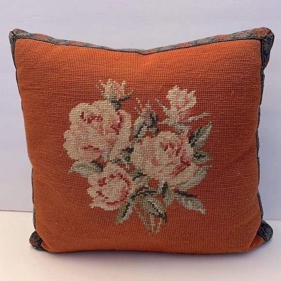 Vintage Handmade Victorian Style Needle Point Pillow with Roses - Picture 1 of 7